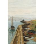 William P. Feeney, Walberswick Harbour with a small fishing boat coming in to dock, signed oil on