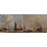 Pair of Dutch seascapes depicting fishing boats with an East India, oil on panel, 25cm x 20cm (2)