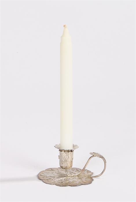 William IV silver miniature candlestick, with detachable sconce above a leaf pattern handle and