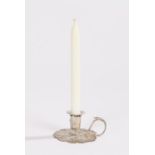 William IV silver miniature candlestick, with detachable sconce above a leaf pattern handle and