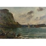 F? Every '87 sailing boats and a steamer by rocky cliffs, signed oil on board 32cmx 45xm