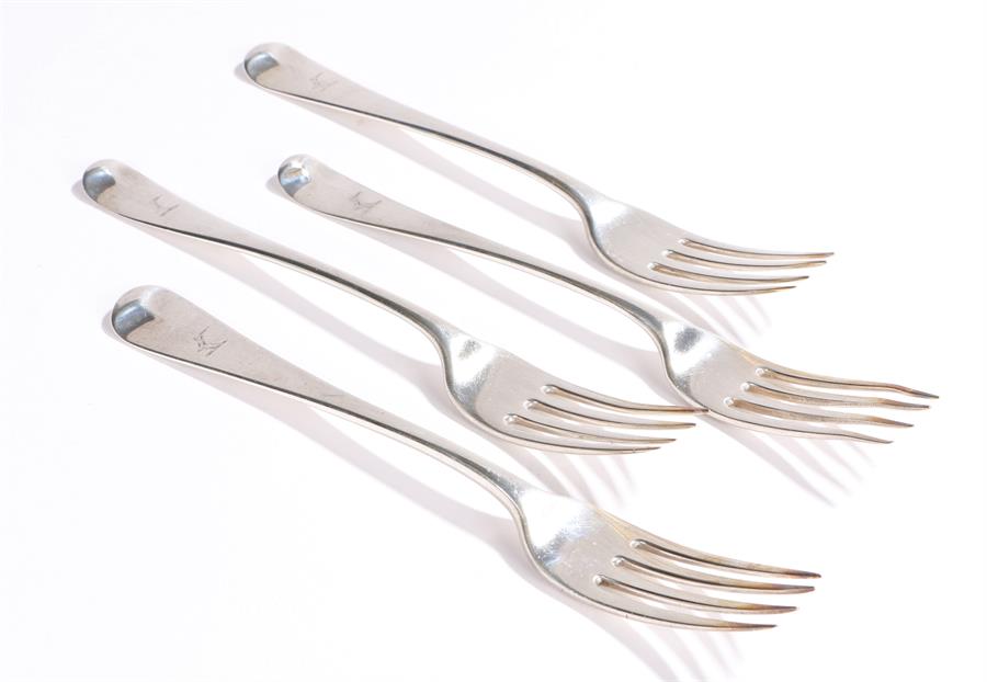 Matched set of four George III silver dessert forks, London 1814/15, makers marks rubbed, the