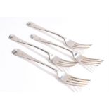 Matched set of four George III silver dessert forks, London 1814/15, makers marks rubbed, the
