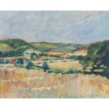 E Lynch, Chiltern Landscape depicting a cornfield and rolling hills with three cottages. Label to