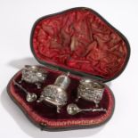 Victorian cased cruet set, London 1894, maker Mappin & Webb, the cased set with two silver slats and