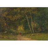 M Donat ( 19th Century) French, a wooded scene of a couple on a path. Oil on panel. signed M