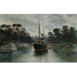 Maritime scene depicting a sailing ship moored in a bay surrounded by rocks and trees, unsigned