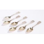 Set of six Victorian silver dessert spoons, London 1845, maker James Beebe, the handles initialled