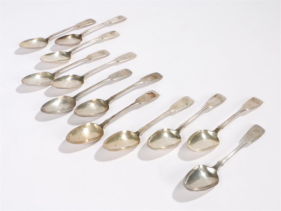 Set of twelve Victorian silver teaspoons, London 1840, maker William Eaton, the handles initialled