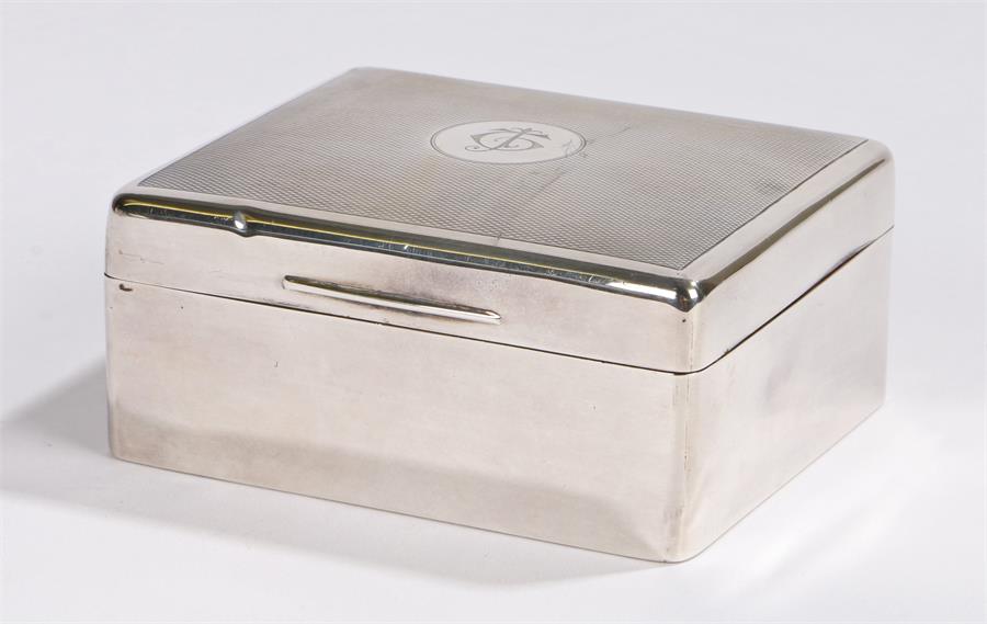 George V silver cigarette box, London 1928, maker Mappin and Webb, the engine turned lid with