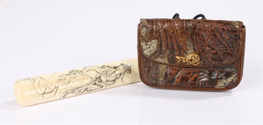 Musozutsu type pipe case in ivory carved as a woman and box of incense connected by cord to a