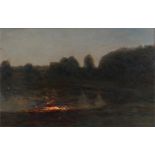 Lakeland scene with a fire reflecting in the water, indistinct signature, oil on board 44cm x 27.5cm