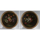 Pair of oils, circular still life study of flowers in baskets, in gilt frames, the oils 73cm