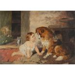Sarah Parry (1878) A child and collie dog with a kitten in a doorway, oil on canvas, signed Sarah
