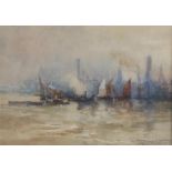 H Donald Smith (1880 -1930) river scene with sailing boats and barges with town behind, signed