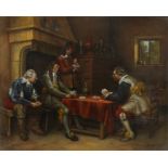Jacob Membling (1853-1928), Interior scene with figures playing cards, signed oil on board 49.5cm