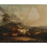 Rural landscape depicting a stockman with cattle sheep and goat with a farm and figures in the