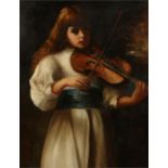 19th Century British school, young girl playing a violin, unsigned oil on canvas, 70cm x 91cm