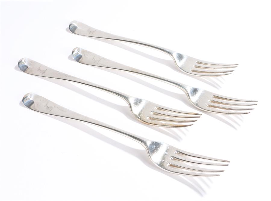 Matched set of four George III silver table forks, London 1814/15, makers marks rubbed, the