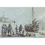 Attributed to Joseph Thomas Tuite (1800-1875) fishermen on the beach, pen and wash drawing 12cm x