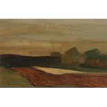 Ohman, abstract landscape depicting fields, buildings and trees, signed Ohman '47, oil on board 31cm