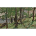 Fredick Emio? 1884 Wooded area beside a river. Malar au Fredick Emio painting 1884 to the reverse.