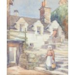 W. Dyke Carter (ARCA, FRSA), elderly lady walking down steps outside a cottage, signed