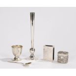 Silver spill vase, egg cup and spoon, matchbox holder, pill box and thimble, (6)