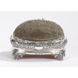 Unusually large Victorian silver hat pin cushion, London 1847, maker John Evans II, the domed hinged