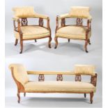 Late Victorian mahogany parlour suite, comprising of a chaise lounge and two armchairs, with