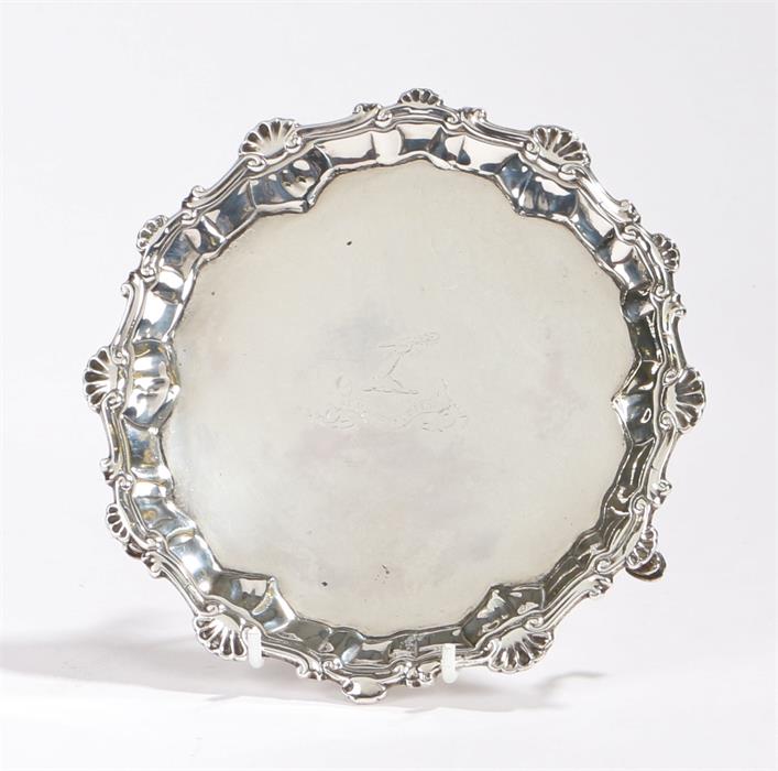 George III silver card tray, London 1763, makers mark rubbed, with shell and scroll cast rim, the