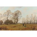 James Wright, "The High Bird", figures shooting pheasant with trees to the rear ground, signed oil