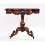 Victorian mahogany card table, the serpentine fold over top above a gadrooned column and scroll