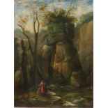 19th Century, mother and children in a rocky gorge. Oil on canvas. Unsigned 26cm x 35.5cm