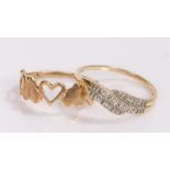 Two 9 carat gold rings, one with hearts the other with a cross over head, 2.7 grams (2)