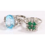 White metal ring, set with green and clear stones, together with a silver ring, (2)