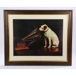 A framed print 29 x 24cm of Barraud’s famous Nipper artwork used for the HMV logo and advertising;