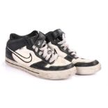 Pair of Ed Sheeran's worn Nike trainers, UK size 9, white and black, scuffs and marks due to wear.