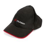 Ed Sheeran's baseball cap, Kramp, in black with red and white text and edge. All of the Ed Sheeran