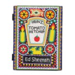 Ed Sheeran's Huichol Art personalised Heinz Tomato Ketchup box, with multicoloured design to the