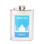 Ed Sheeran's hip flask, the steel case with a turquoise front and a picture of Wah Taj, India. All