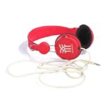 Ed Sheeran's headphones, Fenchurch, in red with white text & logo. All of the Ed Sheeran