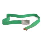 Ed Sheeran's belt, in green cloth with worn metal buckle. All of the Ed Sheeran Collection has