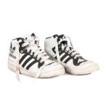 Ed Sheeran's basket ball boots, Adidas, in white and black, used with marks and scuffs, size 10. All