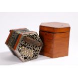 Steel and mahogany concertina, with sixteen ivory buttons, STEEL REEDS stamped to one end