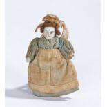 19th Century porcelain doll, with blue eyes and red lips and a fabric dress, 8cm long