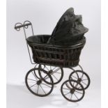 Edwardian dolls pram, with folding canopy, turned wooden handle and basket weave body