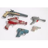 Toy guns to include Dan Dare's pistol, Captain Cutlass flintlock style pistol, Space Control plastic