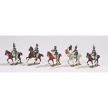 Set of five lead soldiers, Made in France, as five mounted troops on horses, the figures