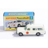 Matchbox Linsey Superfast diecast boxed model vehicle, No 3 Mercedes Benz Binz Ambulance